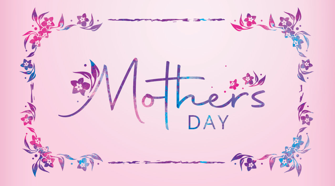 The words "Mother's Day" surrounded by blue, pink, and purple gradient flowers