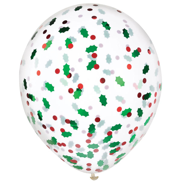Holly Berry Confetti Filled 12" Latex Balloons, 6ct