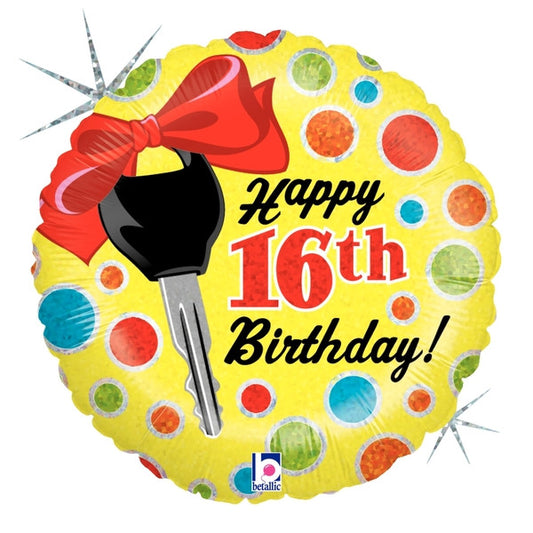 Happy 16th Birthday Car Key and Dots 18" Round Foil Balloon, 1ct