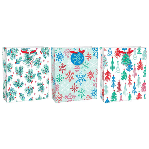 Holly, Tree, Snowflake Square Gift Bags, 3pc