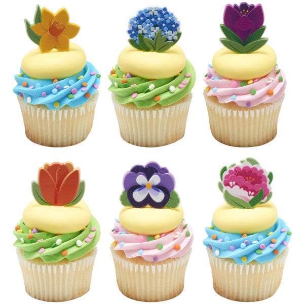 Bright Spring Flowers  Cupcake Rings 12ct