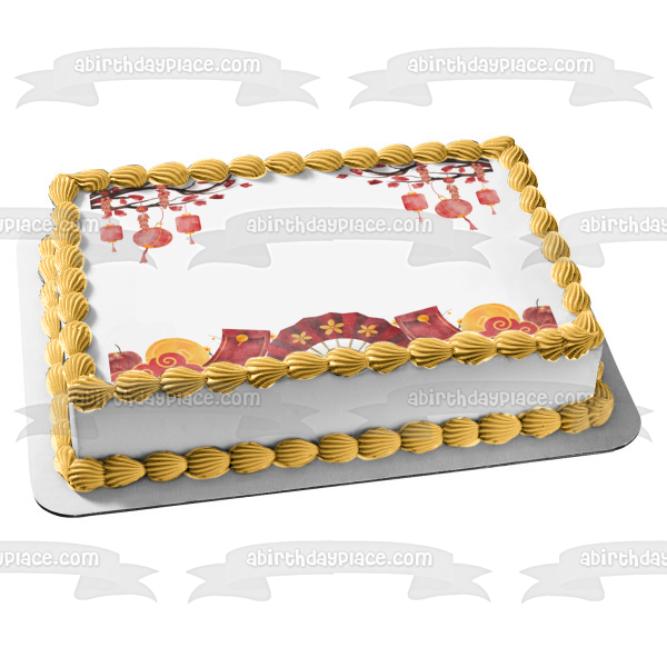 Chinese New Year Fans and Branches Edible Cake Topper Image ABPID57772