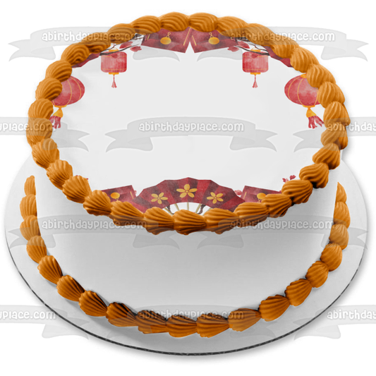 Adorno comestible para tarta con abanicos, sobres y linternas del Año Nuevo chino Imagen ABPID57774