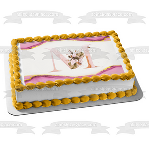 Pink & Gold Marble Floral Monogram Edible Cake Topper Image ABPID57790