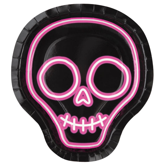 Neon Lights Halloween Skull Shaped Dinner Plates, 8ct