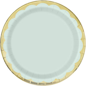 Scalloped Gold & Light Blue Round 9" Dinner Plate, 8ct