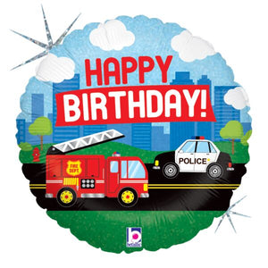 Emergency Vehicle Birthday 18" Round Foil Balloon, 1ct