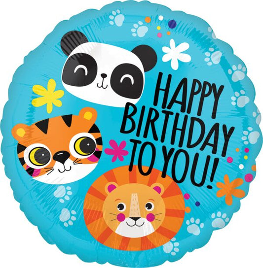Lion, Tiger, and Panda Happy Birthday 17" Round Foil Balloon, 1ct