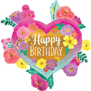 Happy Birthday Painted Flowers 27" Shaped Foil Balloon, 1ct