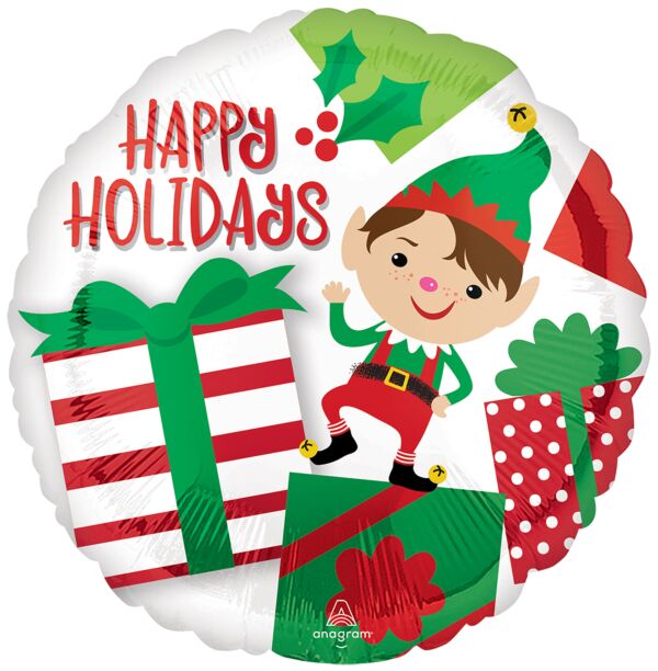 Happy Holidays Adorable Elf 17" Round Foil Balloon, 1ct