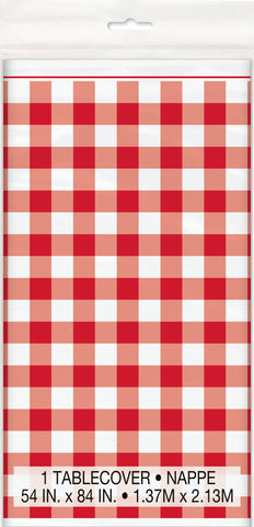 Red Gingham with White Stripe Rectangular Plastic Table Cover, 54" x 84", 1ct