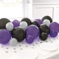 Black Purple & Silver Pearlized Balloon Garland Table Runner with Foil Confetti Cutouts