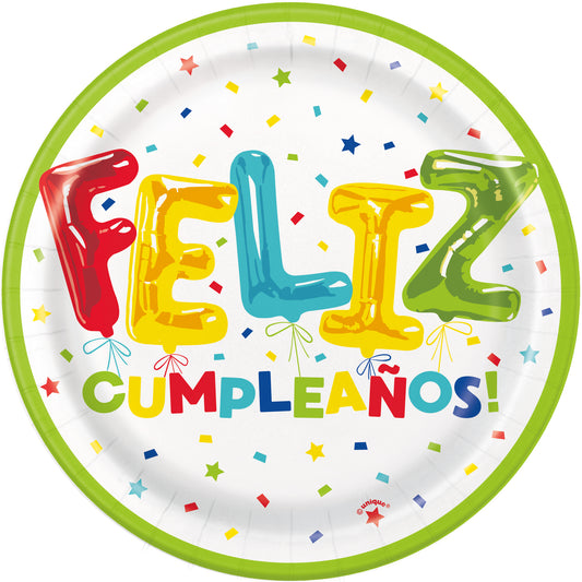 Feliz Cumpleanos Balloon Birthday Round 7" Dessert Plates, 8ct