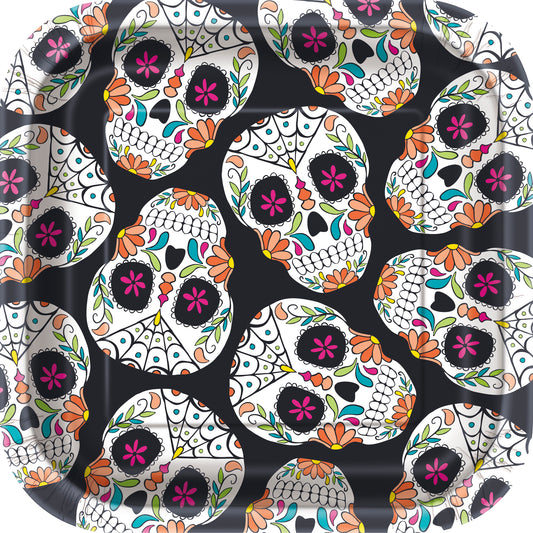 Platos de postre cuadrados con calavera del Día de los Muertos, 7 pulgadas, 10 unidades