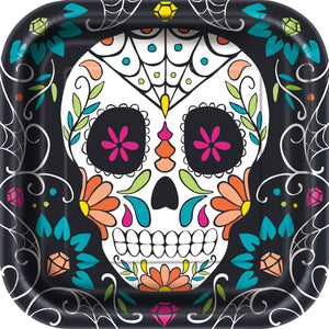 Skull Day of the Dead Square 9" Dinner Plates, 8ct