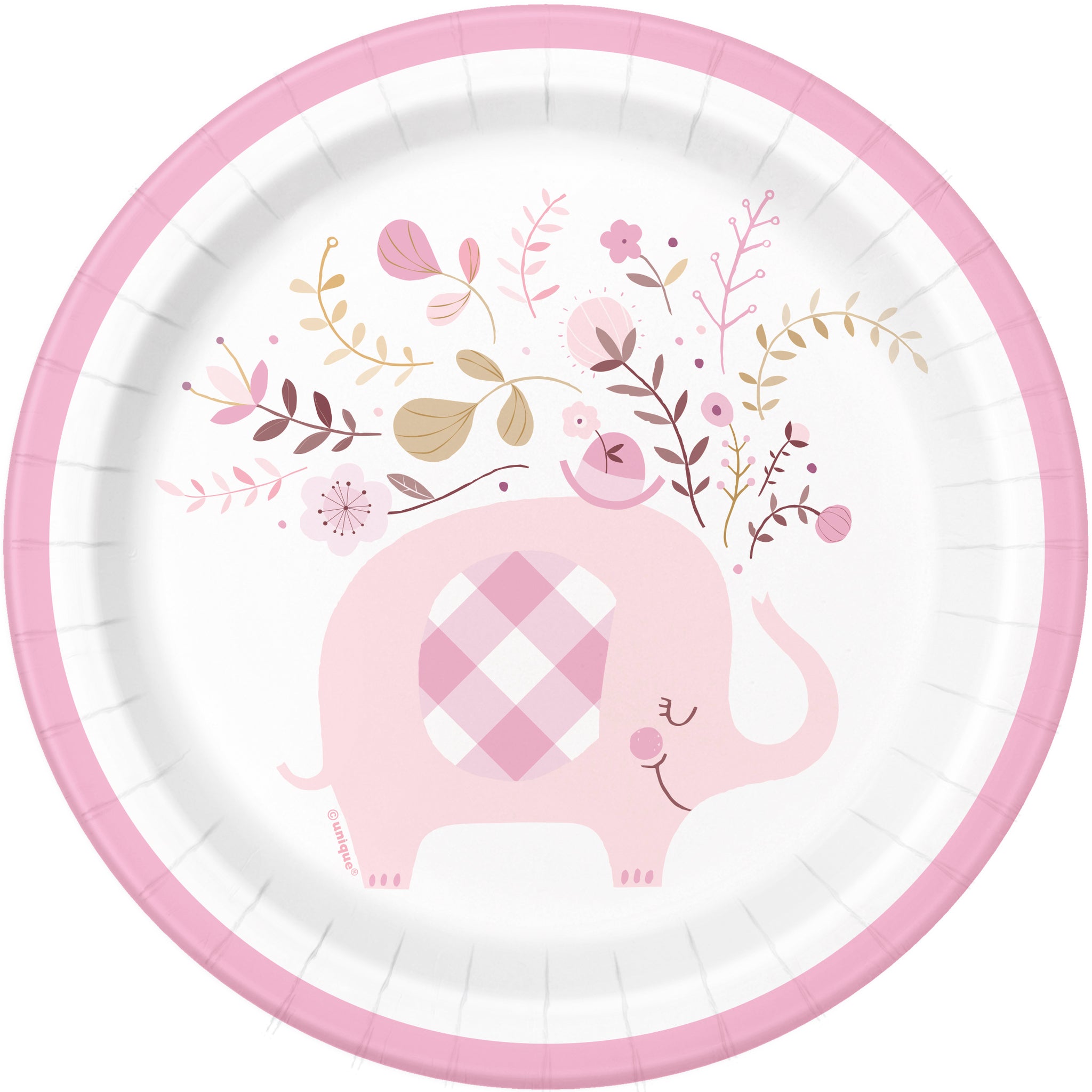 Pink Floral Elephant Round 7" Dessert Plates, 8ct