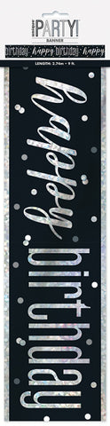 Glitz Black & Silver Prismatic Foil "Happy Birthday" Banner, 9ft, 1ct