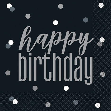 Servilletas de almuerzo Glitz, color negro y plateado, Happy Birthday, 16 unidades