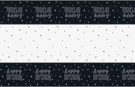 Mantel de plástico Glitz negro y plateado "Happy Birthday", 54" x 84", 1 unidad