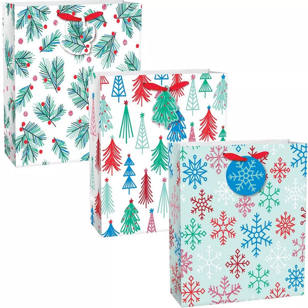 Holly, Tree, Snowflake Square Gift Bags, 3pc