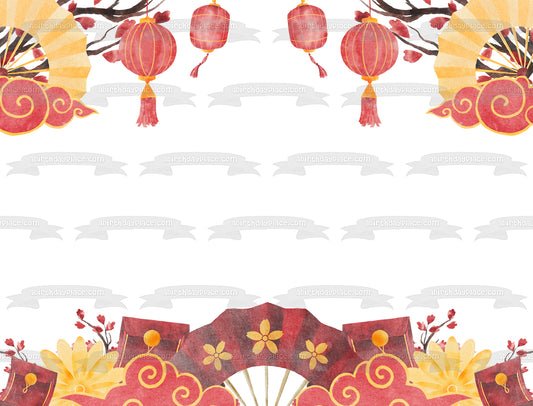 Adorno comestible para tarta con farolillos y abanicos del Año Nuevo chino Imagen ABPID57771