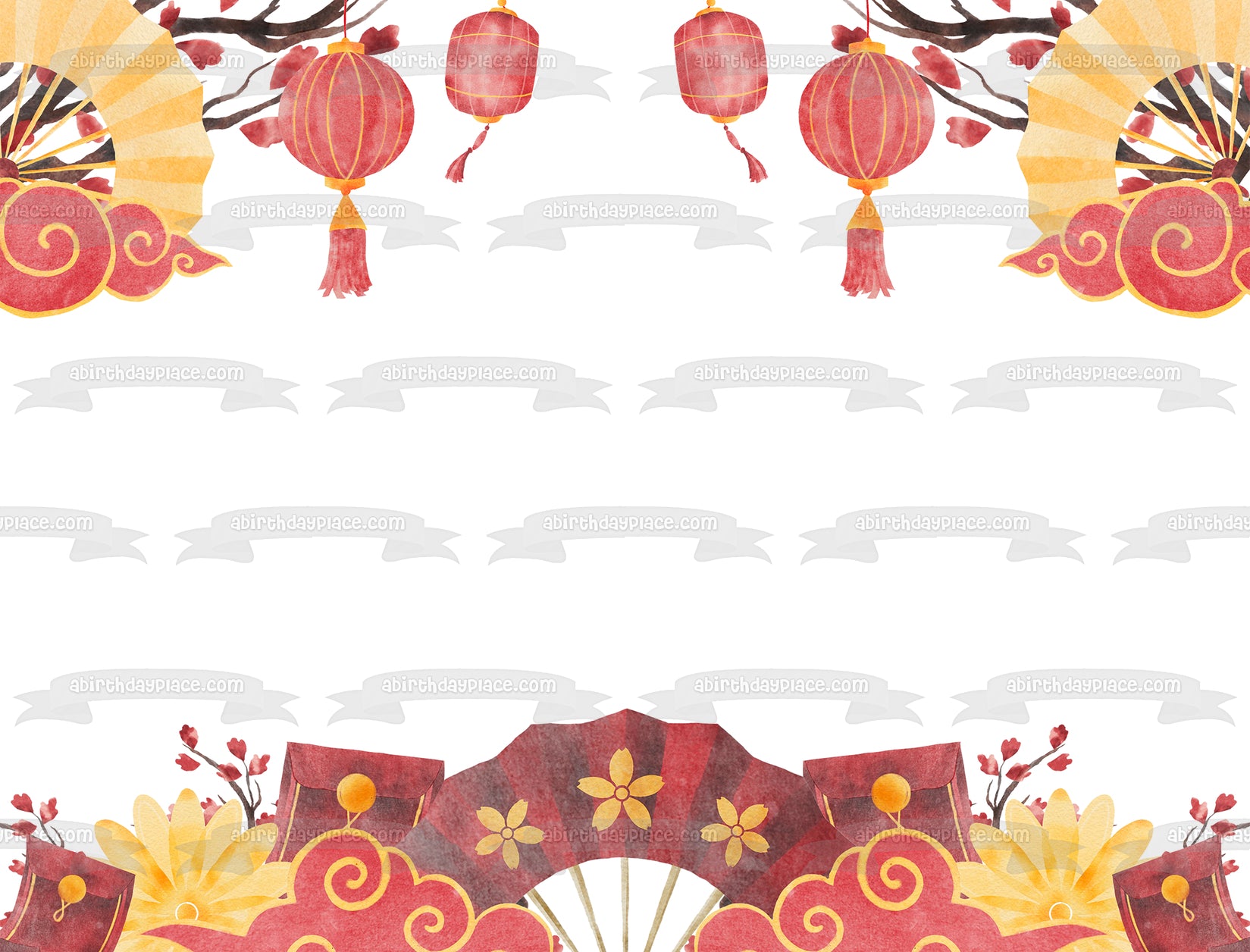 Chinese New Year Fans and Lanterns Edible Cake Topper Image ABPID57771