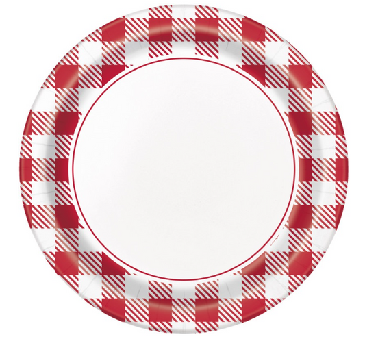 Red Gingham Border Round 9" Dinner Plates, 8ct