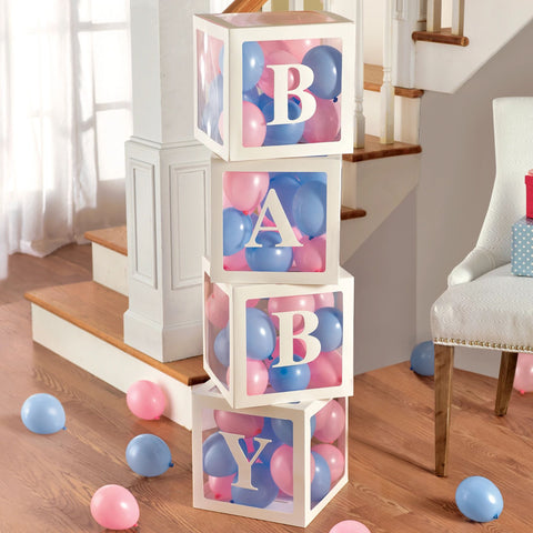 Baby Balloon Box Blocks with 68 Mini Pink and Blue Latex Balloons, 1 Set