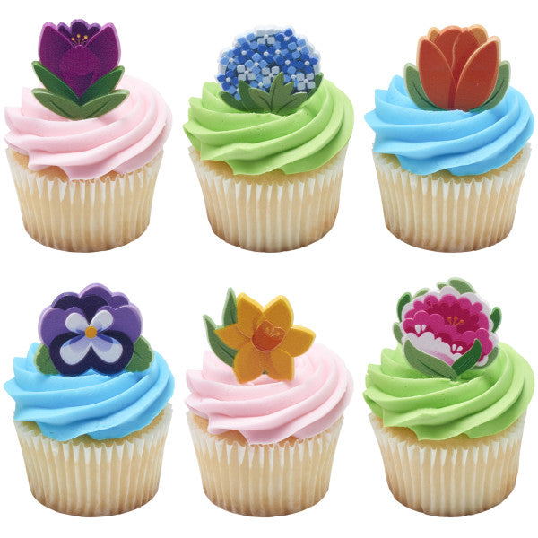 Bright Spring Flowers  Cupcake Rings 12ct
