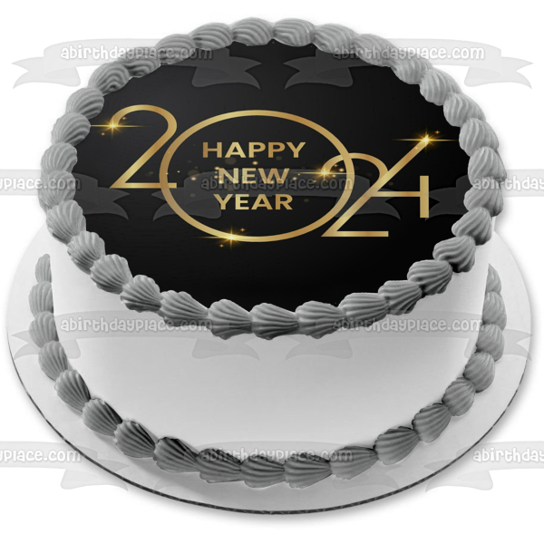 Happy New Year 2024 Graphite and Sparkles Edible Cake Topper Image ABPID57753