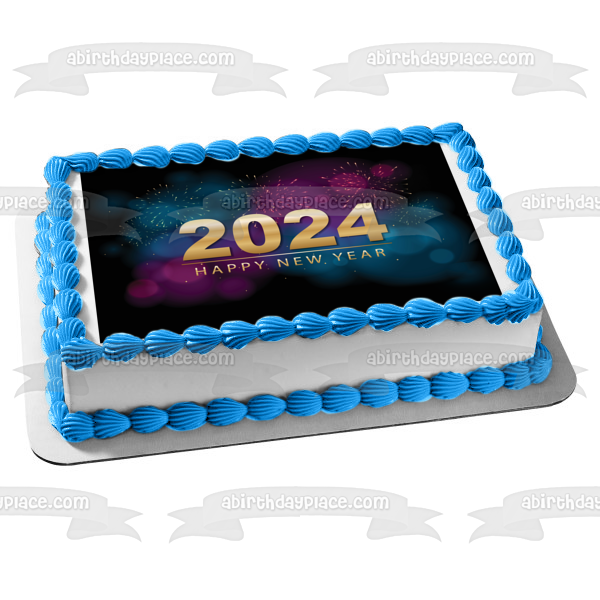 Happy New Year 2024 Pink and Blue Bokeh Fireworks Edible Cake Topper Image ABPID57752