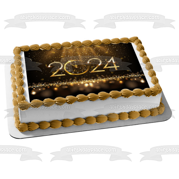 Happy New Year 2024 Golden Clock Confetti Edible Cake Topper Image ABPID57743