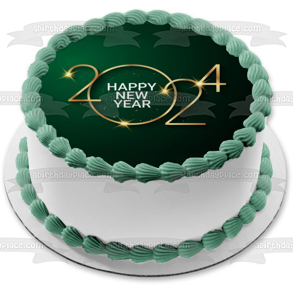 Shining Golden & Green 2024 Happy New Year Edible Cake Topper Image ABPID57760