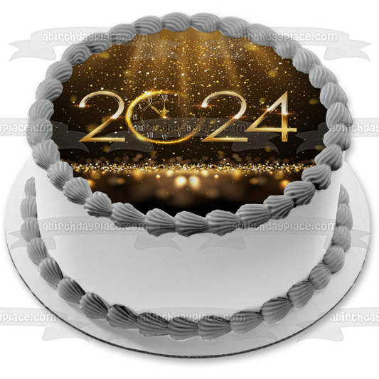 Feliz año nuevo 2024 Confeti de reloj dorado Adorno comestible para tarta Imagen ABPID57743