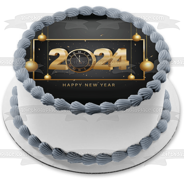 Happy New Year 2024 Gold Christmas Ornaments Edible Cake Topper Image ABPID57742