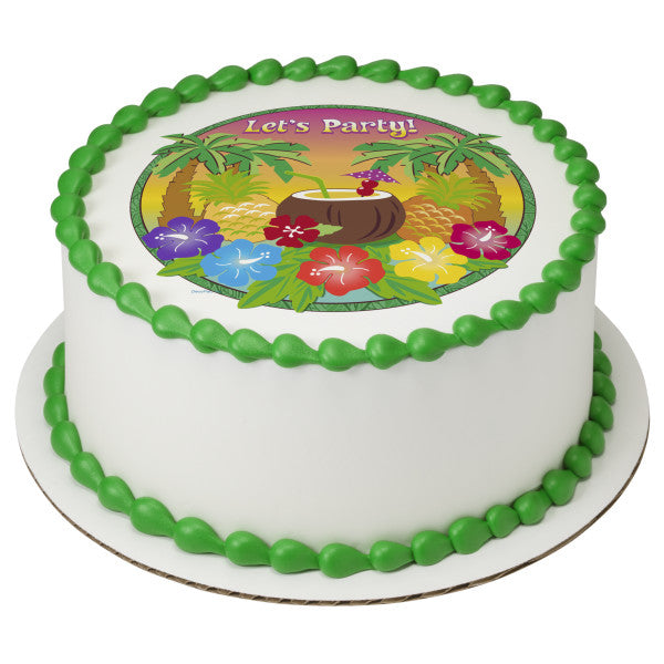 Let's Party Hawaiian Luau Palmeras Coco Piña Flores Decoración comestible para tarta Imagen ABPID13247 
