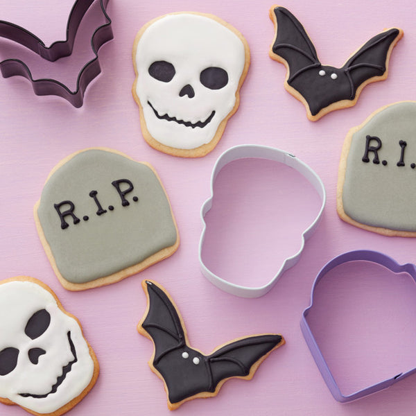 Bat, Tombstone and Skull Halloween Cookie Cutter Set, 3-Piece