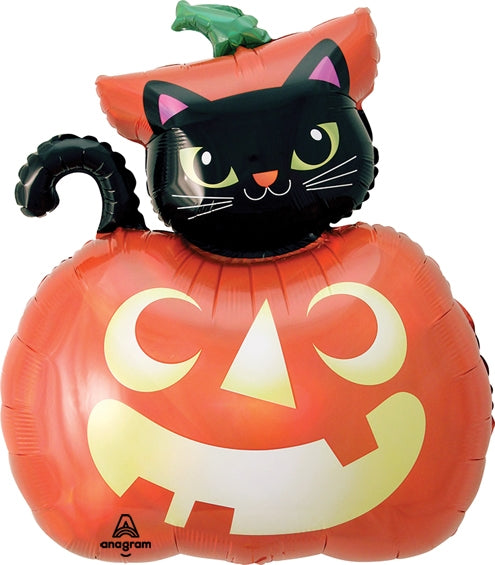 Halloween Cat & Pumpkin Iridescent Holographic 28" Balloon