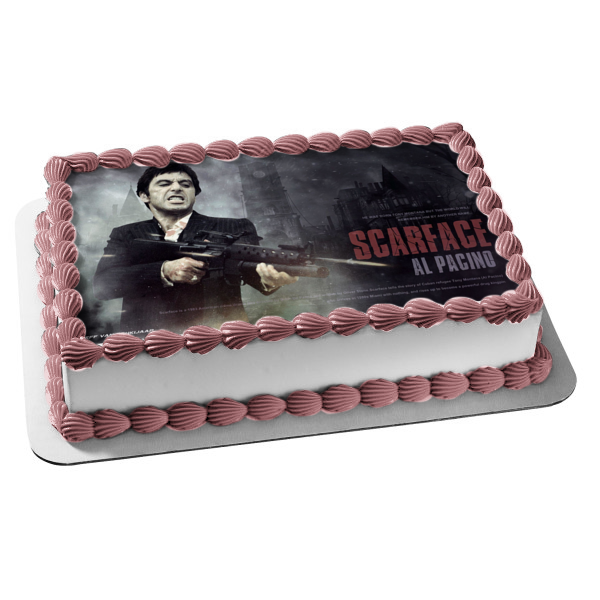 Scarface Al Pacino Tony Montana Machine Gun City Buildings Edible Cake Topper Image ABPID27138
