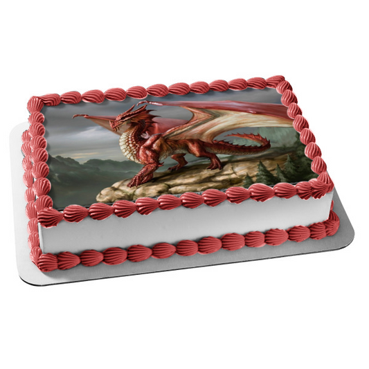 Dungeons and Dragons Red Dragon Standing on a Cliff Edible Cake Topper Image ABPID04481