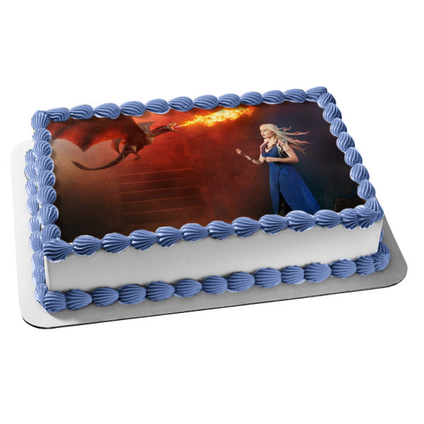 Game of Thrones Daenerys Targaryen Drogon Breathing Fire Edible Cake Topper Image ABPID26959