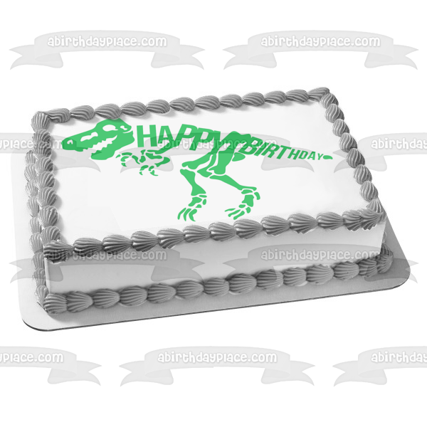 Green Dinosaur Skeleton Happy Birthday Edible Cake Topper Image ABPID50282