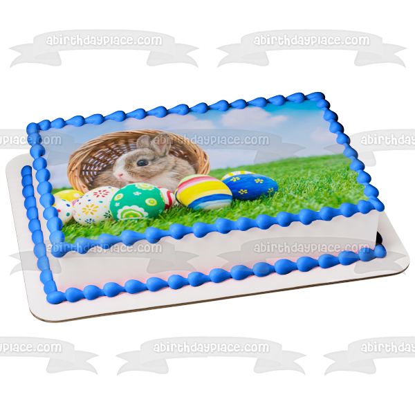 Happy Easter Bunny Basket Easter Eggs Edible Cake Topper Image ABPID51209