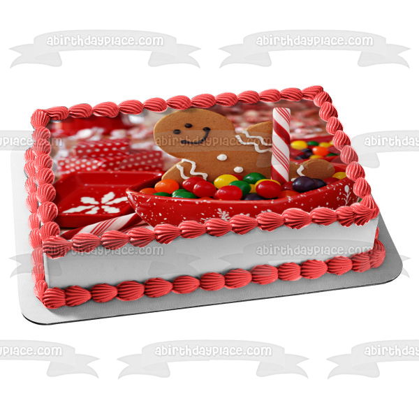 Adorno comestible para tarta con diseño de hombre de jengibre navideño, galleta, gominolas, cuenco, caramelo, imagen ABPID50600 