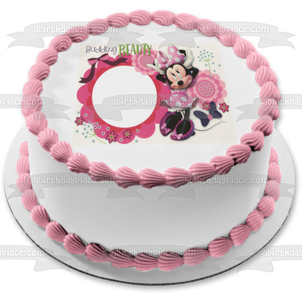 Marco de imagen comestible para decoración de tarta con flores y lazos de Minnie Mouse ABPID03420 
