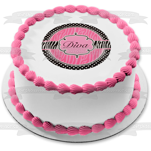 Diva Pink Zebra Stripes Black and White Polka Dot Patterns Edible Cake Topper Image ABPID07139