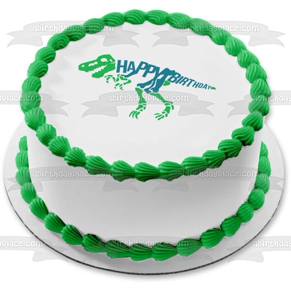 Green and Blue Dinosaur Skeleton Happy Birthday Edible Cake Topper Image ABPID50284