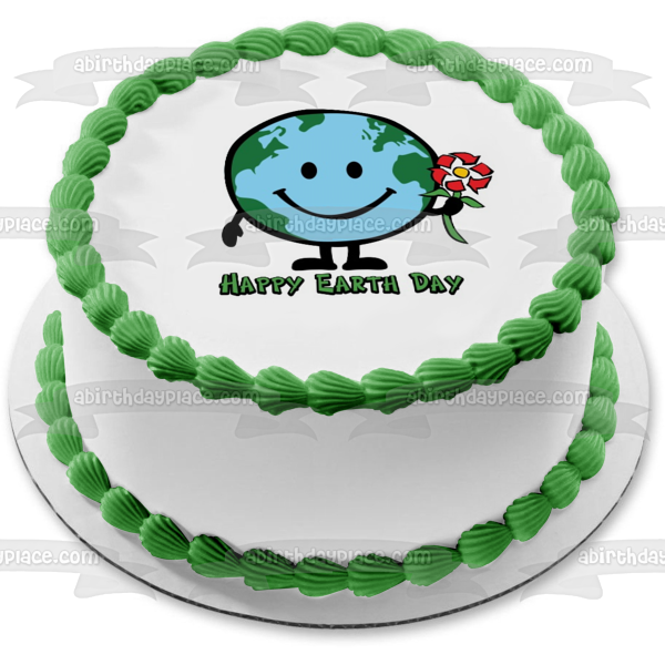 Happy Globe Day Earth Smiling Recycle Sign Flower Edible Cake Topper Image ABPID51219