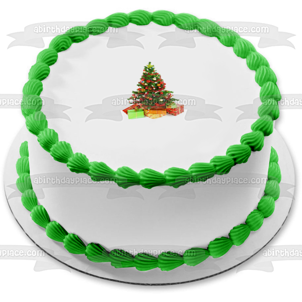 Christmas Tree Ball Ornaments Presents Edible Cake Topper Image ABPID50676