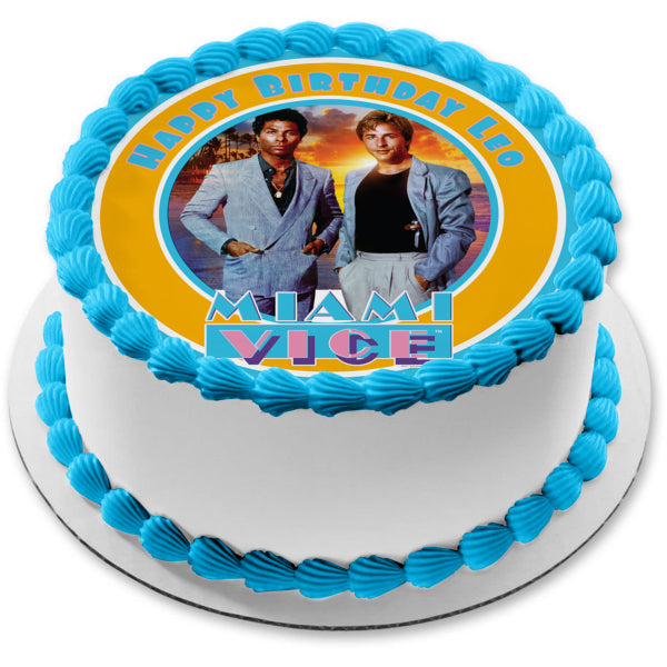 Miami Vice TV Show Crockett Tubbs 80s Sunset Round Personalized
 Edible Cake Topper Image ABPID52211